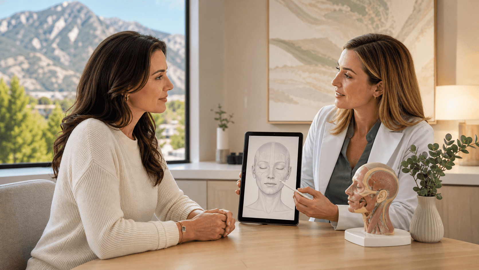 Woman in a bright clinic consults with a practitioner holding a syringe and facial diagram.