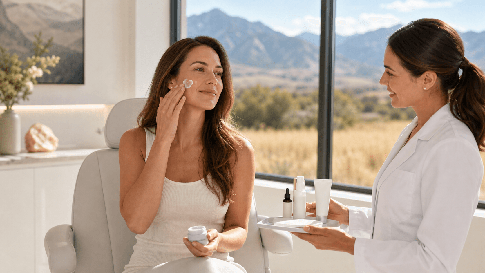 Woman in a sunhat applies sunscreen to her cheek against a bright Colorado mountain backdrop.
