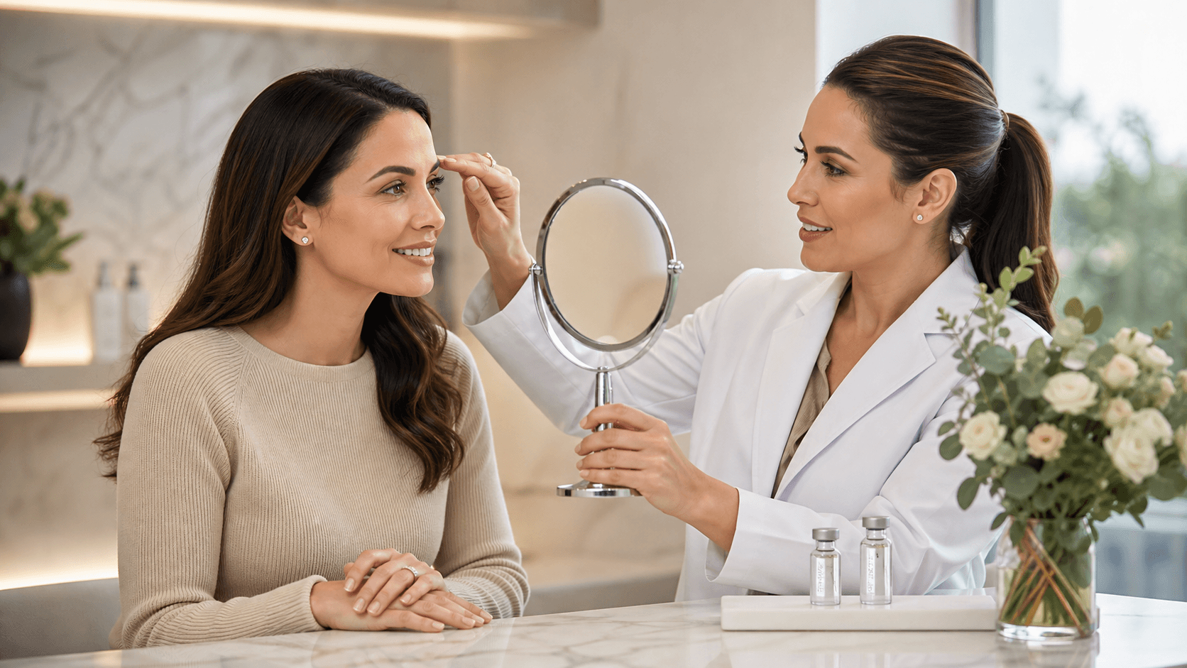 Split portrait of a woman’s face with soft beige background and polished skincare-style lighting.